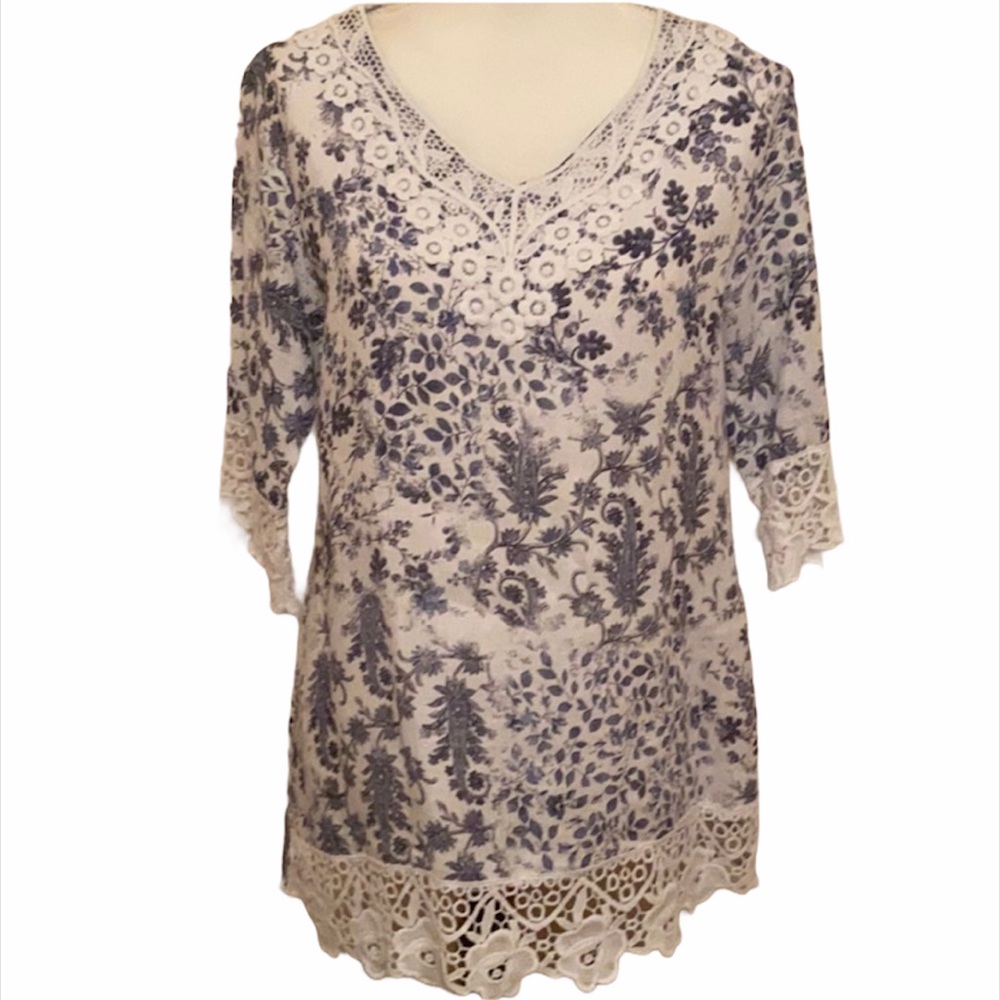 Marina Gigli Blue & White Toile Lace Top